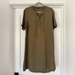 Madewell Novella Lace-up Shift Dress- Olive Green Kale - Size Medium